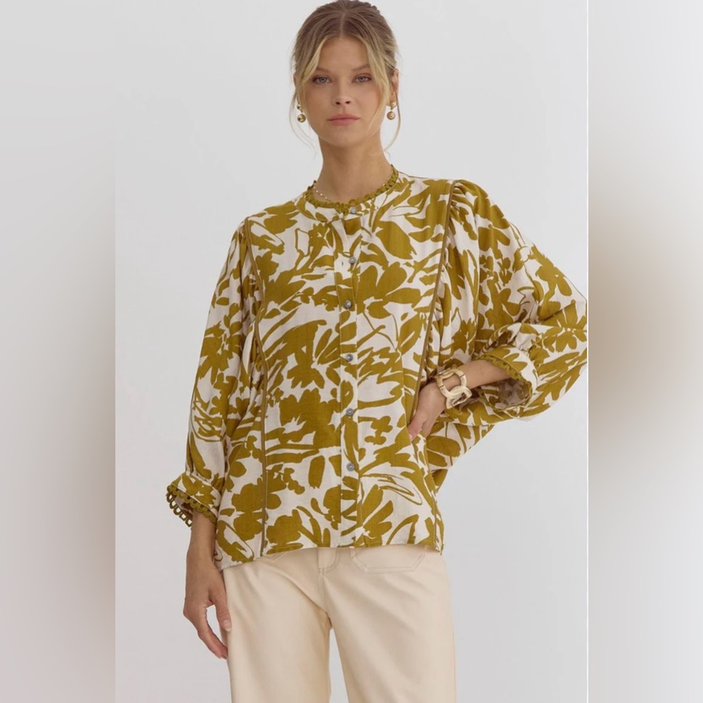 Entro Dijon Leaf Print Olive Blouse
